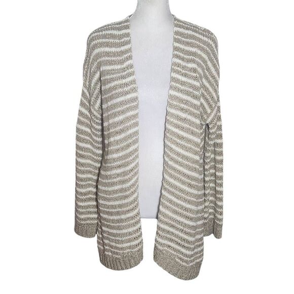 Soft Surroundings Tan and White Stripe Knit Cardigan Sweater Size Petite Small - Picture 1 of 9